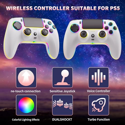 Image of SZDILONG Wireless Controller with 7 Colors RGB Light for PS5 Pro /Slim,MAC,iOS,Steam,PC Windows /Android 10 and Above,Support Hall Sticks /Turbo /Programmable /Dual Vibration, with 3.5mm Audio Jack, White