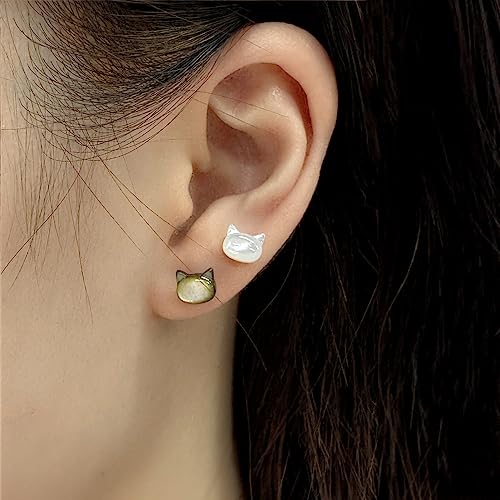 Dainty Shell Pearl Cat Stud Earrings for Women Girls 925 Sterling Silver Hypoallergenic Nickel Free Tiny Small Kitten Animal Studs Cartilage Tragus Post Cute Birthday Halloween Christmas Jewelry Gifts3