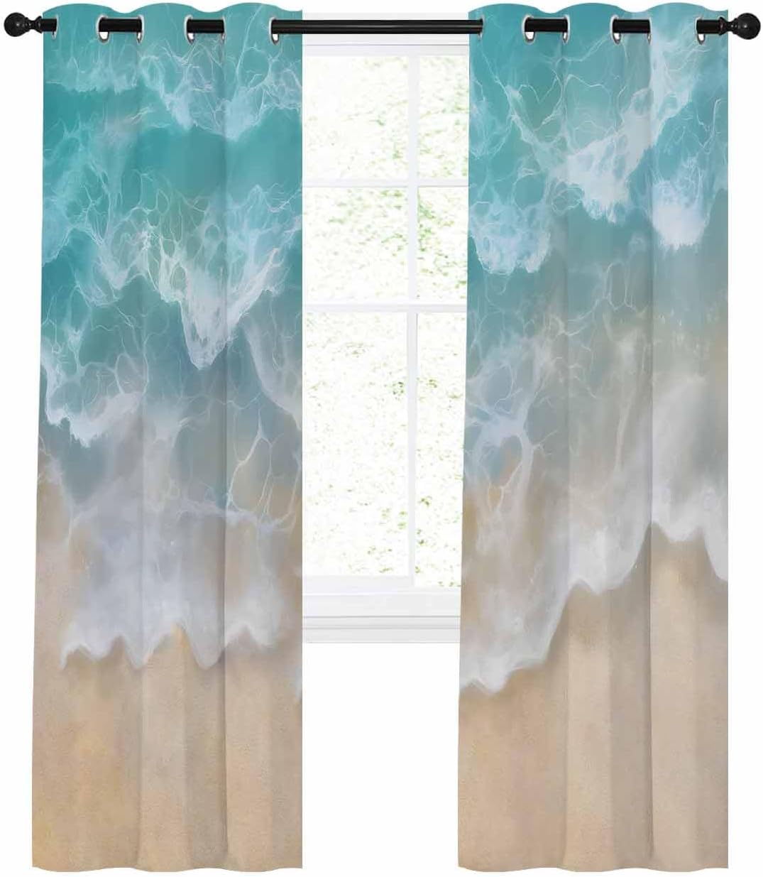 Turquoise Summer Beach Blackout Curtain 39 Inch Length 2 Panels Set, Coastal Water Ripple Two-Layer Sewing Polyester Fiber and White Blackout Curtain with Grommet, 27.5" x 39" x2