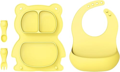 Juego de alimentación de bebé de silicona, plegable, portátil, suministros de destete con 1 paquete de platos divididos, babero, cuchara y tenedor