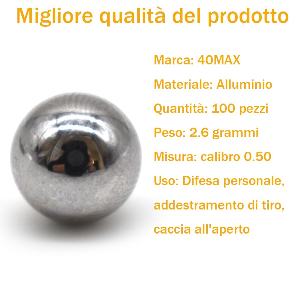 100 Pezzi .50 Cal Alluminio Solido Paintball Palline， Calibro 0,50, 2,6 Grammi, per t4e TR50 HDR50 HDP50
