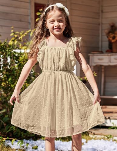 Girls Ruffle Sleeve Swiss Dot Dress Stretchy A-Line Flutter Sleeve Casual Dress for 5-12 Years Kids4