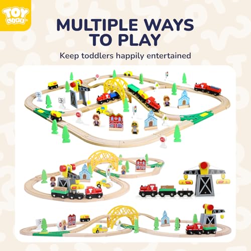 toy life wooden train set 60pcs with magnetic crane wooden train tracks toys for toddlers boys girls 3 4 5 3 year old boy gift wood toys toddler train for kids 4-8 - fits thomas brio chuggington