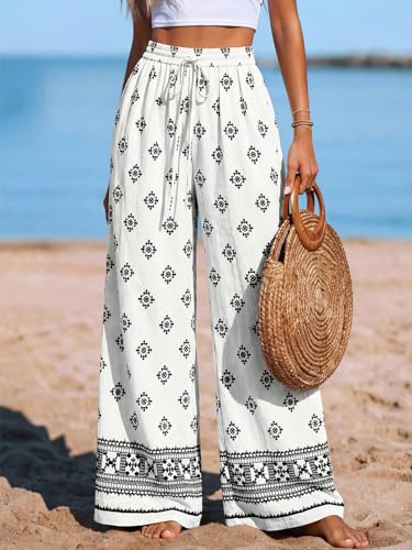 Image of PRETTYGARDEN Womens Pants Elastic Waist Floral Lightweight Palazzo Pants for Women Casual Lounge Wide Leg Pants Woman