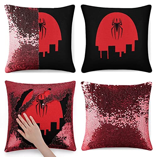 Spider Man Night Hero Throw Housse de Coussin 1 Pièce Réversible Paillettes Décoratif Jeter Housse D’Oreiller Deux Tons Magical Square 40Cm pour Cadeau D’Anniversaire, Rouge