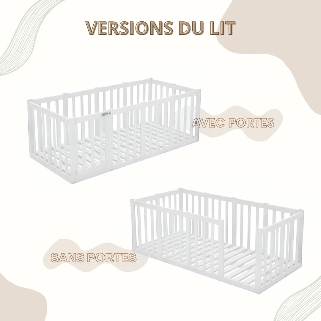 Lit Enfant 180x140 cm – Lit Montessori au Sol avec Haute Barrière 73cm et Barrière Amovible - Bois Blanc avec Surface Lisse - Parfait pour Garçons et Filles Crazy Johnny