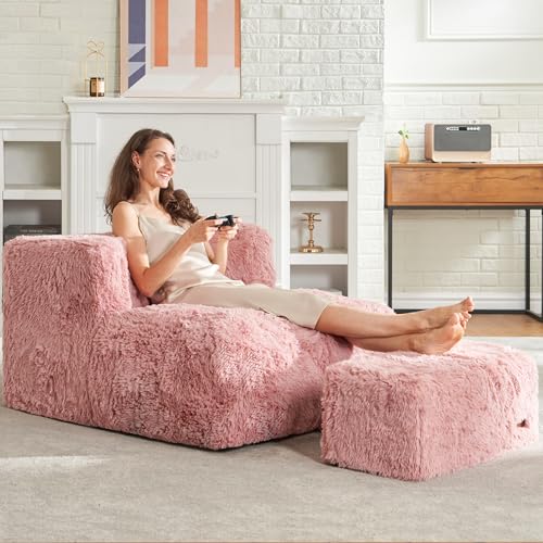 Hobestluk Puf grande con puf grande otomano para adultos, puf de felpa de espuma, sofá perezoso con reposapiés para sala de estar, dormitorio, apartamento (rosa)