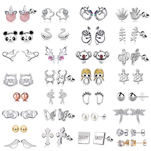 HYZ 30 Pairs Assorted Stainless Steel Stud Earrings for Teen Girls - Hypoallergenic Stud Earrings for Young Women-Unique Fairy earrings Faux Pearl Earrings Pink CZ Cat Stud Earrings for Teens (#2)