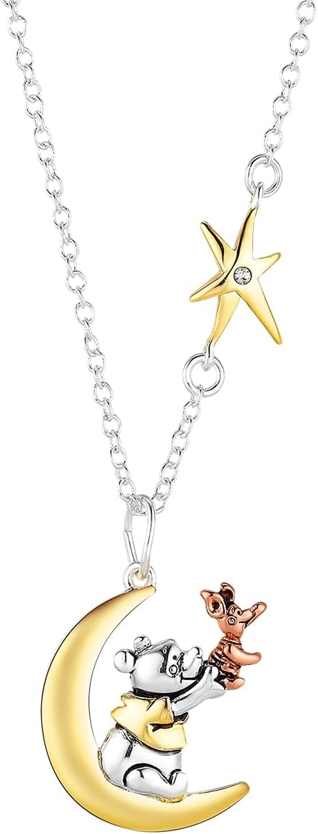 Disney Winnie the Pooh Tri-Tone Crystal Moon Pendant Necklace for Women, Silver Plated, 16"+2" Extender
