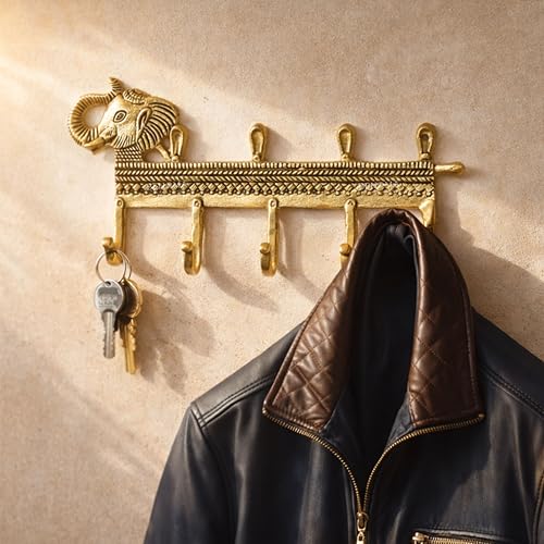 Image of BEHOMA Elephant 5 Hooks Key Holder for Wall, Aluminium, Antique Gold | Decorative Wall Mounted Key Hanger for Home Entryway, Living Room, Office, Durable Heavy Duty Key Organizer