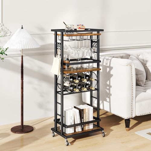IBUYKE 4-Tier Liquor Cabinet with wheels,Wine Rack Freestanding Floor, Bar Cart for Liquor Whiskey Wine,Versatile Wine Bottle Display Shelf,Mini Bar for Home Living Room,Rustic Brown TMJ912H - Image 5