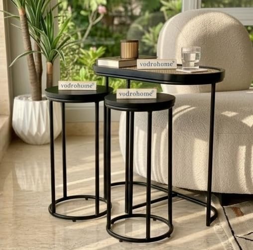Image of Charcoal Rattan Cane Side Table with Glass top - Bohemian Solid Mango Wood Cane Iron Sofa Side end Table - Wood and Cane Nesting Table S#047 (Charcoal Black 2)