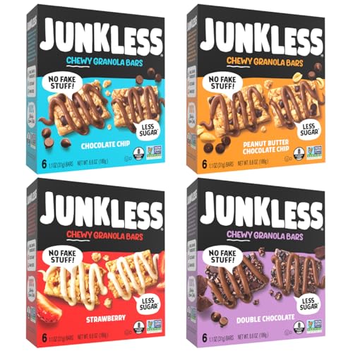 JUNKLESS Fan Favorites Chewy Granola Bars - Bulk Variety Pack, Gluten-Free, Non-GMO, Lower Sugar, Healthy Snacks for Kids & Adults, 4 Boxes (24 Bars)