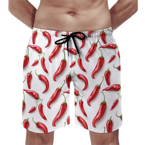 Pepper Chili Red Print Mens Swim Trunks, Quick Dry Swim Shorts with Mesh Lining Swimwear Bathing Suits