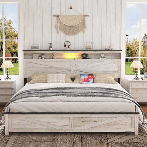 madeslves Farmhouse Wooden Bed Frame King Size with Storage Headboard Boho Platform Bedframe with LED Lights and Charging Station Metal Slats Support No Box Spring Needed White