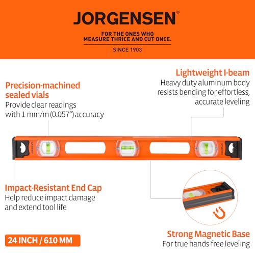 Jorgensen 24 Inch Level – Magnetic Levels, I-Beam Leveler Tool with 90°/180° Vials, Spirit Level for Precision Leveling, V-Groove & Shockproof Rubber End Caps for Construction, Carpentry, Pipe Work - Thumbnail 2