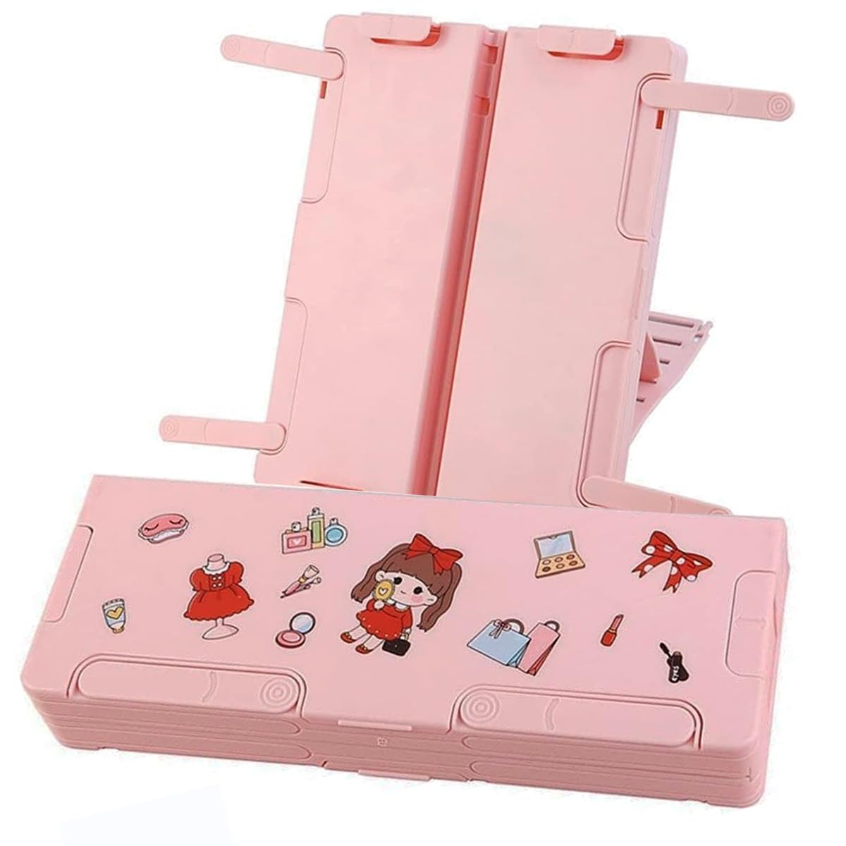MECHBORN Plastic Latest Pencil Box For Girls Kids Multi-Function Pencil Case With Book Stand Holder, White Board, Marker & Storage,School Box For Girls Compass Accessories (Pencil Box With Stand Pink)