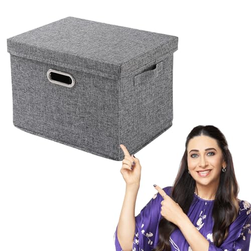 Image of HOKIPO Polyester Multipurpose Storage Bins With Lid For Cupboard, Home And Office, Grey, Extra Large, Pack Of 1 (Ar4369-Xl)
