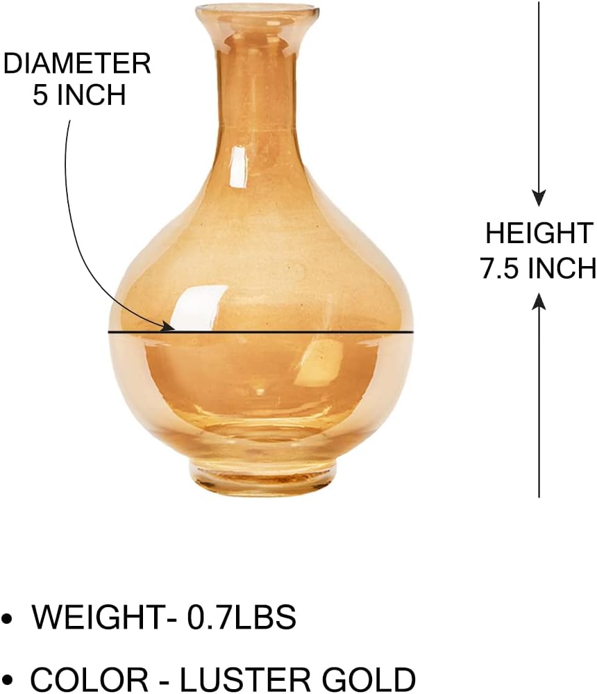 Serene Spaces Living Luster Gold Bottle Glass Vase, Vintage Style Curvy Vase, Long-Stemmed Flower Vase for Living Room, Office, Table Centerpiece, Wedding, Events, Measures 5" Diameter & 7.5" Tall