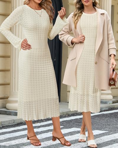 Image of Newshows Women's Hollow Slim Summer Fall Church Work Casual Sweater Dress | Machine Washable Knit Sweater Fabric, Hollow Design, Bell Sleeve, Business Casual, Church Teacher Outfits, Modest Dress