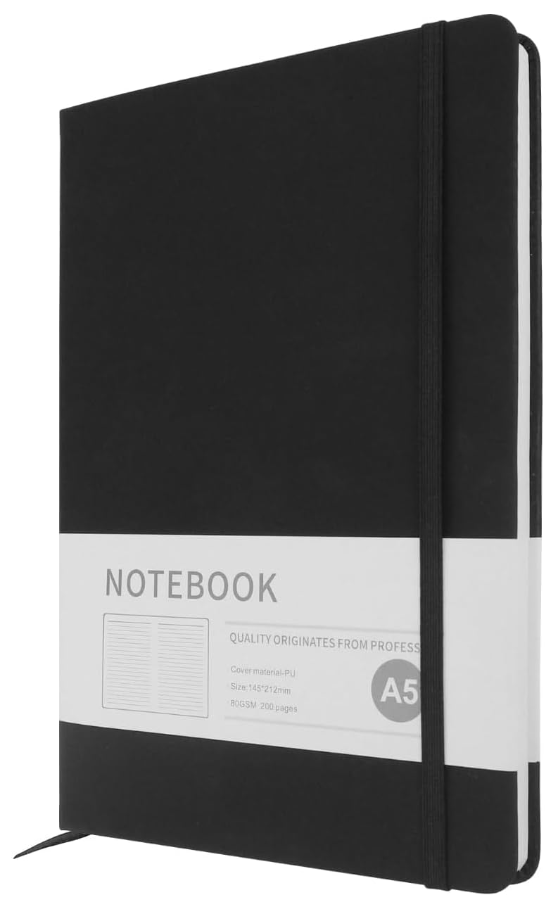 A5 Notebook, Journal Note Pad 200 Pages 80 GSM Journal Notebook Composition Notebooks Hardback Notepad with Lined Pages Journal Notepad Note Book-Black