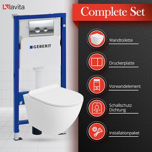 Lavita Duofix Basic Vorwandelement + Wand Tiefspül WC Sofi Slim Weiß Matt Spülrandlos + WC Sitz + Bedienplatte Delta 25 Verchromt Knopf Komplettset Unterputz Spülkasten Toilette Komplett Sett WC – Bild 3