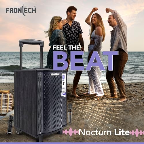 Image of FRONTECH Nocturn Lite Trolley Speaker | 80W Powerful Sound | Wireless Microphones | USB /TF /Bluetooth /FM | Guitar & MIC Input | Rechargeable Battery (SW-0221, Black)