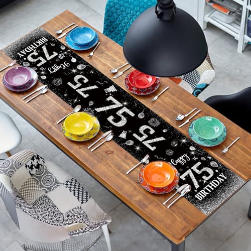 75th Birthday Table Runner Black Silver Happy 75th Birthday Table Runner for 75 Years Old Men Women Him Her Celebrate Party Decorations Non-Slip Dining Table Linen Cloth Decor, 72 Inches Long by Domgoge - Image 6