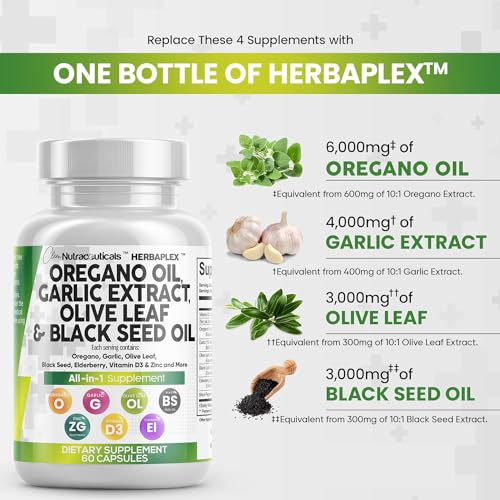 Clean Nutraceuticals OREGANO GARLIC Oil 6000Mg Garlic Extract 4000Mg Olive Leaf 3000Mg Black Seed Oil 3000Mg - Immune Support & Digestive Health Supplement thumb #1