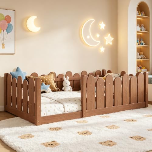 Image of Bellemave Twin Size Kids Montessori Floor Bed,Floor Bed Frame with Rounded Safety Guardrail,Solid Wood Montessori Bed for Girls Boys,Brown
