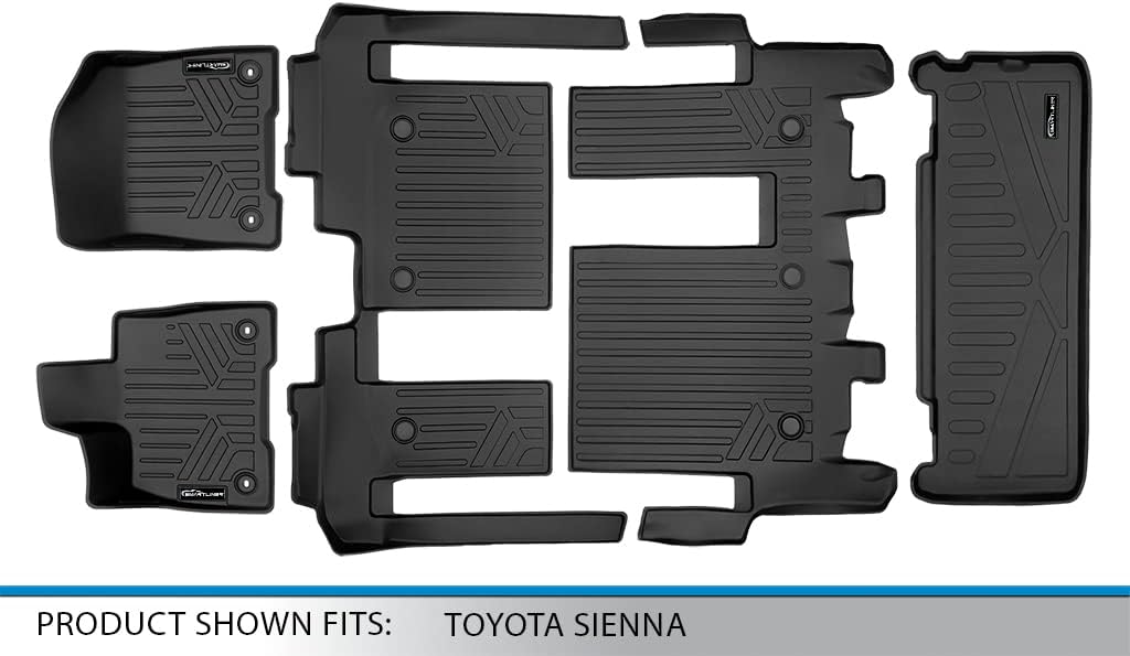 SMARTLINER Floor Mats 3 Row Liner Set & Cargo Liner Behind The 3rd Row Compatible with 2021-2025 Toyota Sienna