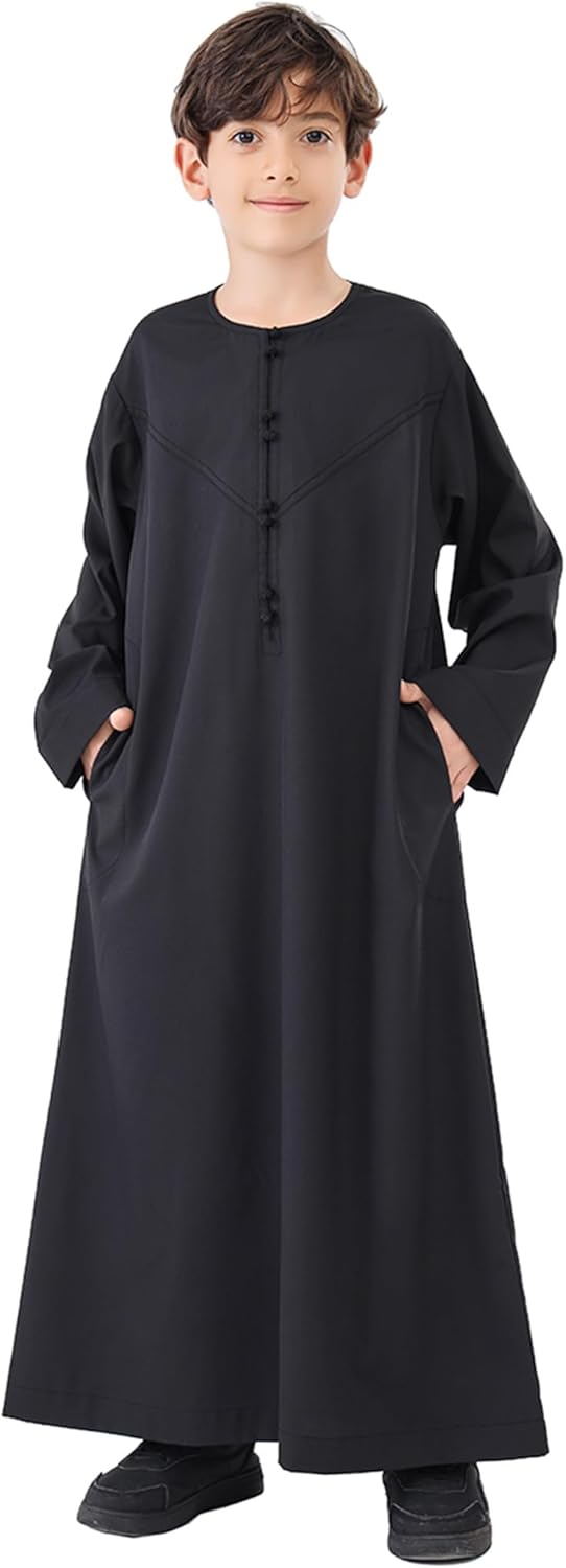 IWEMEK Kids Muslim Thobe for Boys Islamic Arabic Kaftan Robe Middle East Dubai Prayer Dress Eid Ramadan Clothes with Pockets