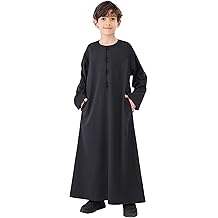 Muslim Thobe for Boys Kids Long Sleeve Islamic Arabic Kaftan Robe Middle East Dubai Prayer Dress Clothes with Pockets