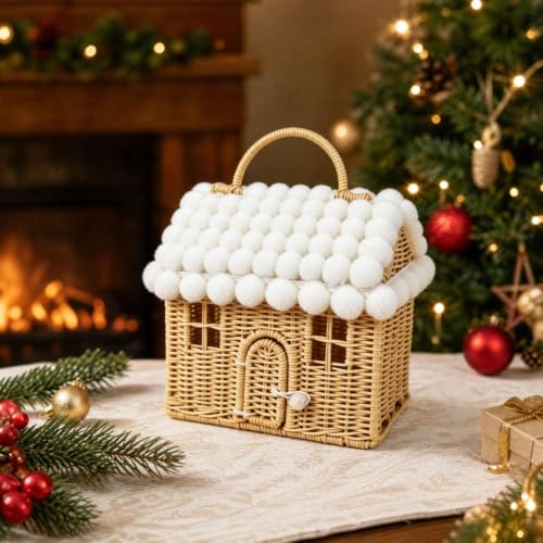 Winter Cottage Shaped Christams Decorative Basket W/Fluffy Balls Roof - image 3
