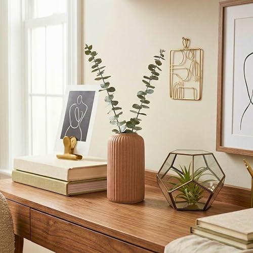 Image of KREATIVE ART'S Modern Ribbed Design Ceramic Flower Vase for Living Room, Flower Pots for Artificial Flower, Home Decoration Item, Home Decor, Vases for Living Room (TAN-BEIDGE, Small)