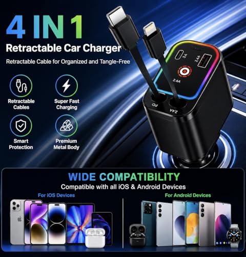 Image of 120W Retractable Fast Car Charger with DRL and Starlight (2026 Version) | 4-in-1 Dual Retractable Cables with USB & Type-C Ports | Adjustable 180 Direction