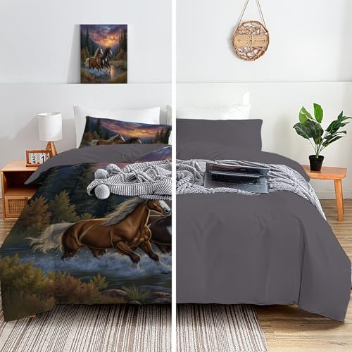 Parure de lit 240x260cm haut de gamme motif cheval coucher de soleil - 5