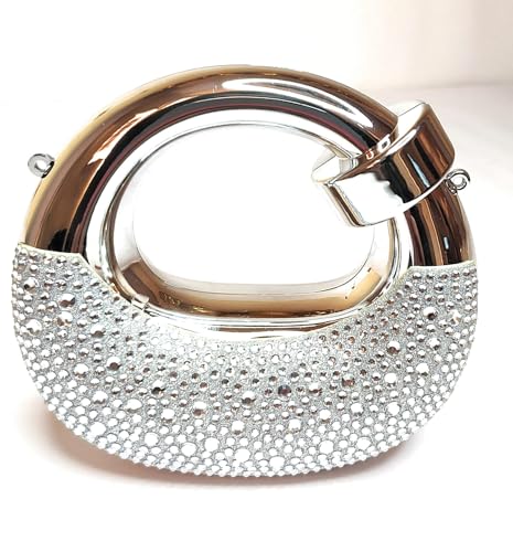 Image of Crystal Embellished Evening Clutch Bag with Curved Handle, Rose Gold Metallic Finish, Detachable Chain Strap, Mini Size