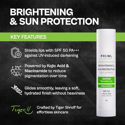 Image of PROWL by Tiger Shroff SPF 50 PA+++ Lip Balm For Men with Kojic Acid | Lipbalm For Moisturising Brightening Dark Lips & Lightening Pigmented Dry Lips | Pigmentation Removal Care | Vanilla Coffee, 4g