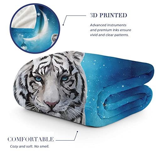 Fleece Throw Blanket 50"X60", Soft Cozy Warm Fuzzy Flannel Plush Blanket Siberian White Tiger Under The Blue Starry Night Blanket For Couch, Sofa, Bed, Living Room #TOP4