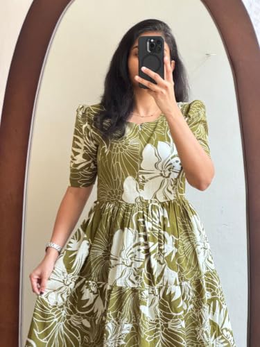 Image of Women's Rayon A-Line Midi Dress, Floral Print, Short Sleeves, Tiered Design, Round Neck, for Summer Wear
