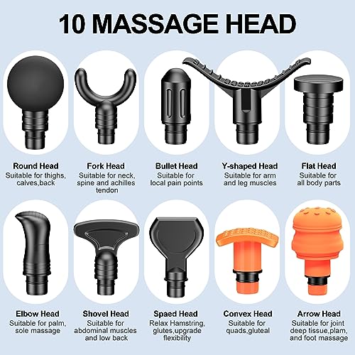 RAEMAO Massage Gun Deep Tissue, Back Massage Gun for Athletes for Pain Relief Attaching 10 PCS Specialized Replacement Heads, Percussion Massager with 10 Speeds & LED Screen, Black - Image 6