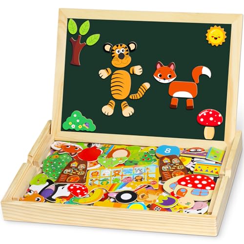 Jojoin 130 pcs Puzzles de Madera - Nueva Juguetes Montessori con Pizarra Magnética y Lindo Patrón Fruta de Animales - Juguete Educativo para NIños de 3 4 Años