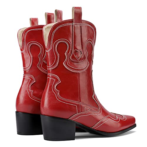 Image of Womens Embroidered Cowgirl Boots Pull On Cowboy Boots for Women Floral Low Chunky Heel Western Boots