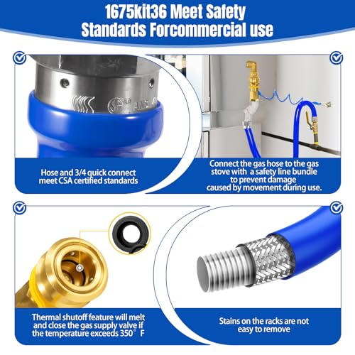 Commercial Gas Hose/Connector Kit 3/4 × 48 Inch,1675KIT48 Safety System Kit with CSA Certification,Flex Gas Line Hose Kit for Commercial Kitchen,Comes with A Swivel Head
