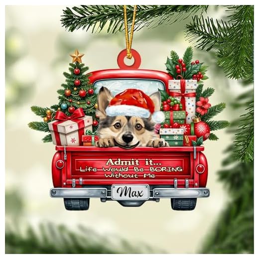 FAMITRENDZ Personalized Swedish Vallhund Dog On Red Truck Ornament, Custom Swedish Vallhund Dog Name, 2D Flat Shape Dogs Christmas Ornaments, Dogs Lovers Gift, Christmas Decor