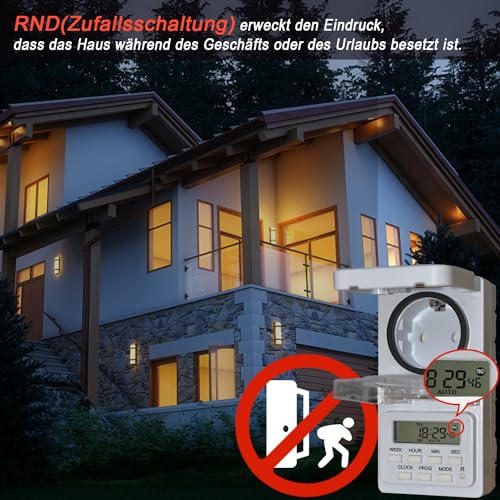 NOVKIT Digitale Zeitschaltuhr Steckdose für den Außenbereich mit 8 sekundengenaue Programme und einbruchsicheren Zufallsschaltung(230V / 16A / 3680W)