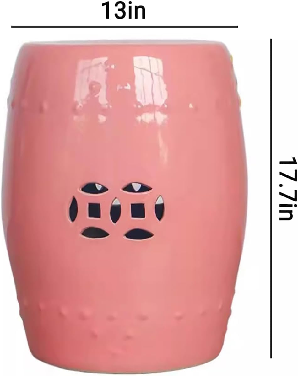 Decorative Garden Stools,Ceramic Garden Stool,Outdoor Round Side Table,Hollow Out Drum Stool,for Patio,Deck,Backyard(13x17.7 inch, Pink)
