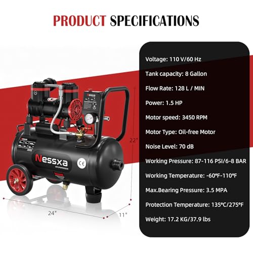 Image of 8 Gallon Ultra Quiet Air Compressor, 1.5HP 4.52 CFM, Max 115 PSI Oil-Free Air Compressor Tank for Car Repair, Spray Painting, Woodwork Nailing, 110V /60hz, 70dB