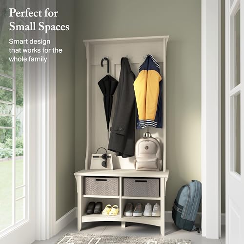 Image of Bush Home Salinas Hall Tree with Shoe Storage Bench in Antique White, Multi-Purpose Home Organizer, Entryway Solution with Seating and Hooks
